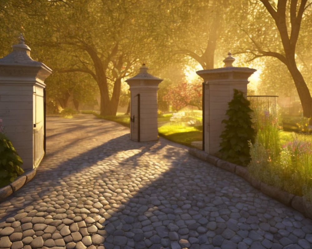 Sunlit cobblestone pathway with blooming flowers and stone pillars