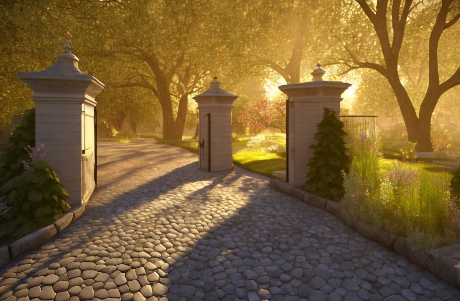Sunlit cobblestone pathway with blooming flowers and stone pillars