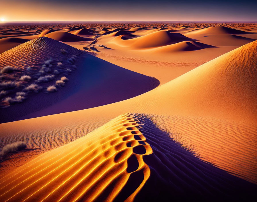 Vibrant sunset sky over golden desert dunes with rippled sand patterns