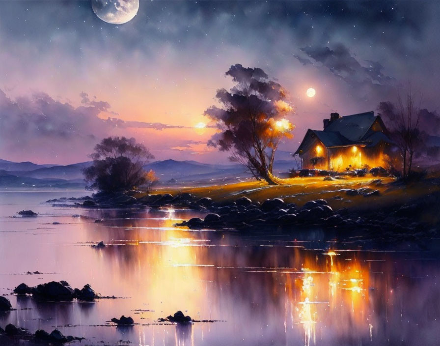 Twilight scene: Glowing cottage by lake under moonlit sky