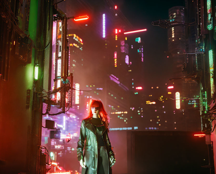 Person in Dark Coat Stands in Neon-Lit Alleyway
