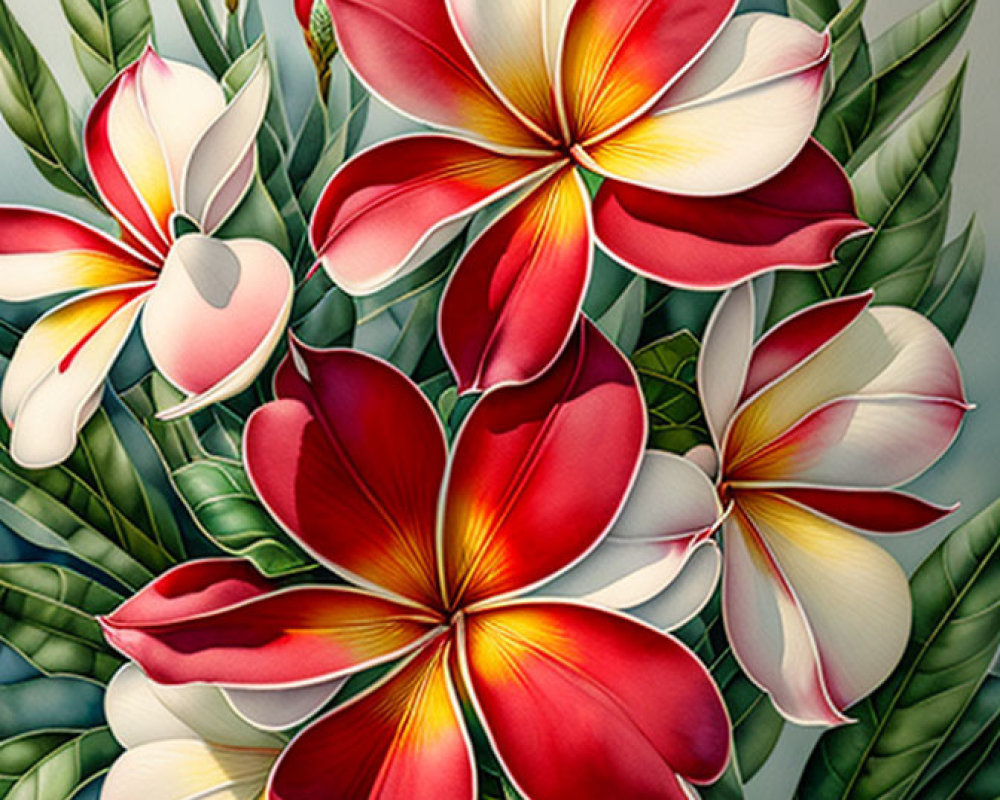Vibrant Red and White Frangipani Flowers with Green Leaves on Hazy Background