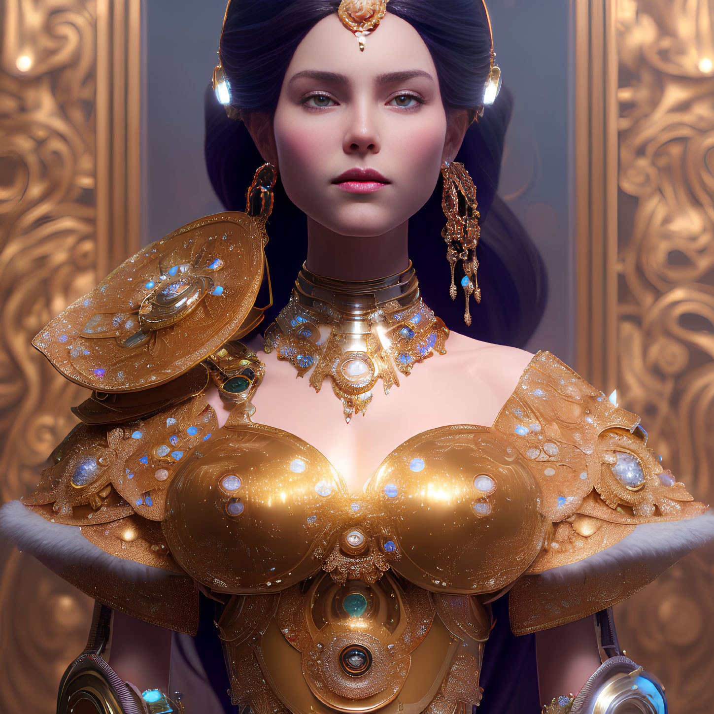 Detailed female character in gold armor with regal accessories on mirrored background