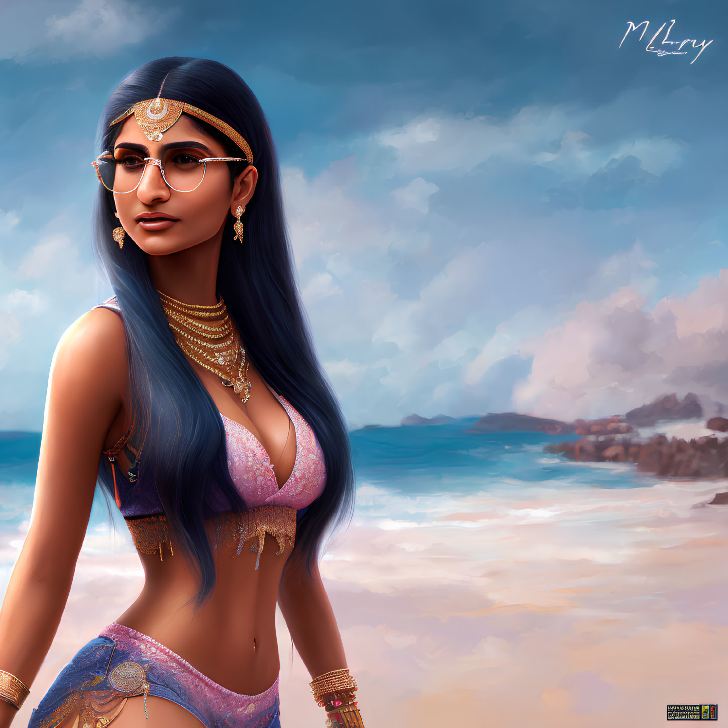Illustrated woman in glasses wearing traditional Indian outfit on beach with cloudy sky