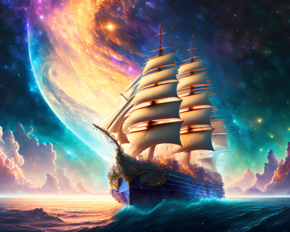 Colorful digital artwork: majestic sailing ship in cosmic seas under star-filled sky.