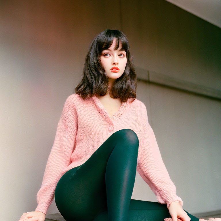 Dark-haired woman in pink cardigan and black tights sitting with knee up