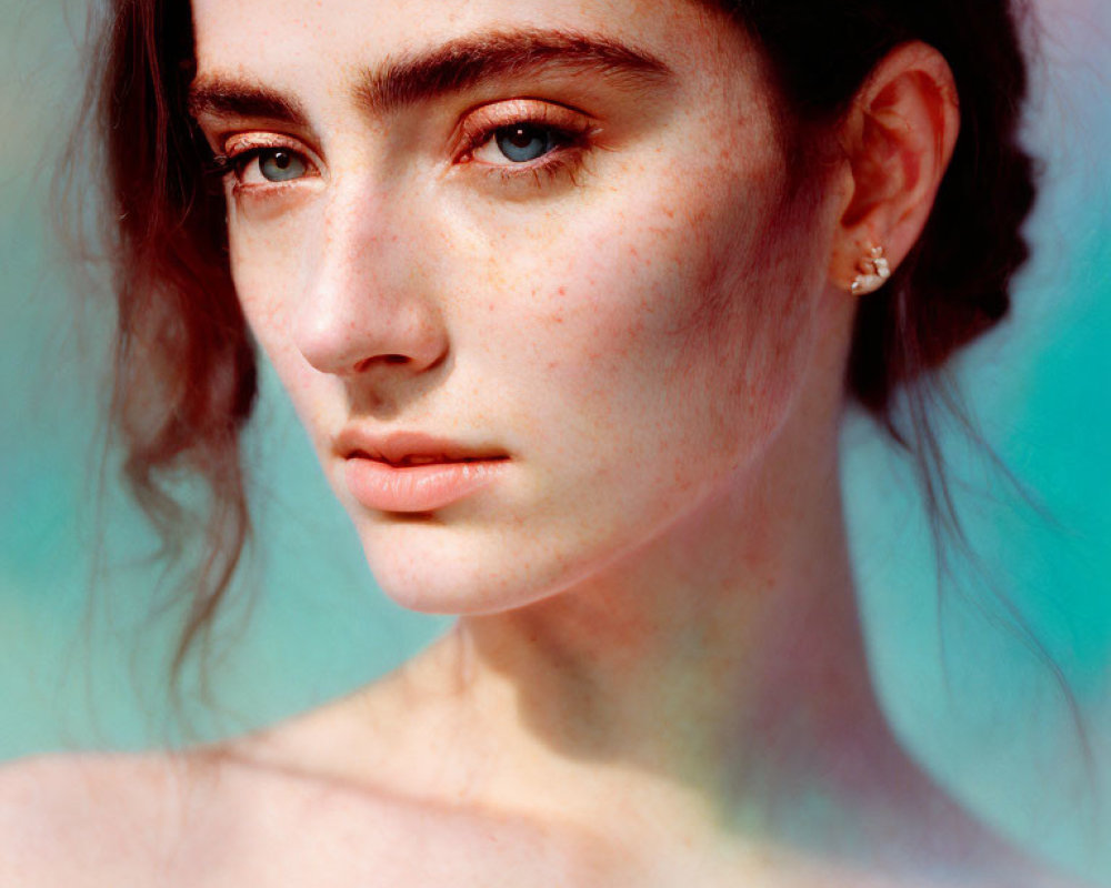 Portrait of young woman with dark hair, fair skin, and freckles on soft backdrop