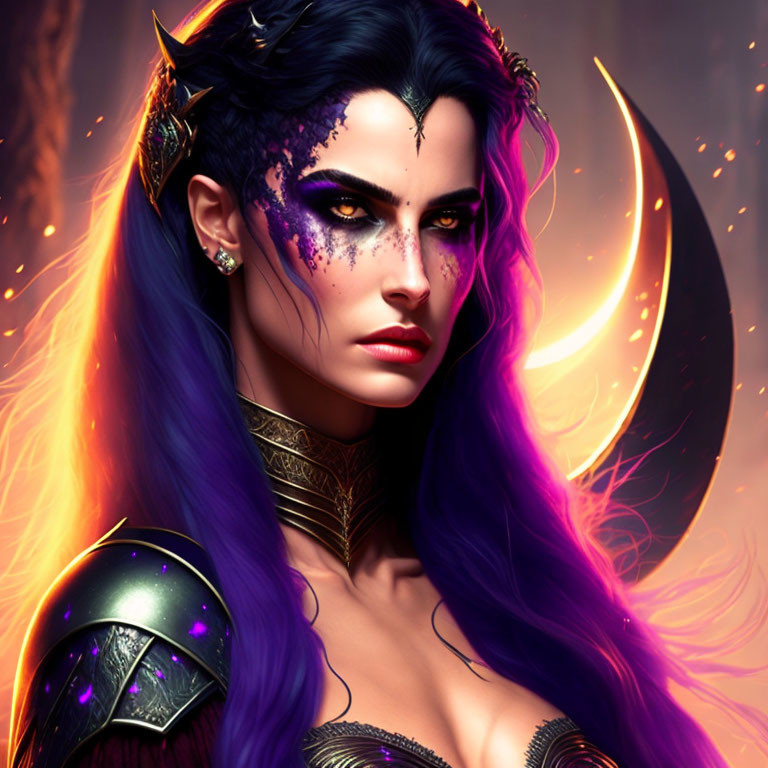 Purple-haired female warrior in dramatic makeup and armor with crescent moon backdrop