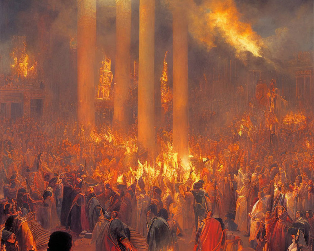 Dramatic painting of fire consuming classical temple and panicked crowds