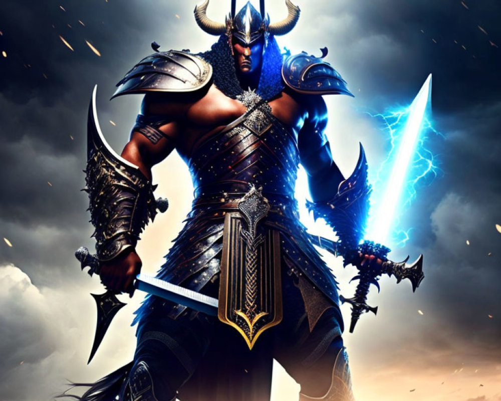 Fierce warrior in blue-black armor wields glowing sword and mace
