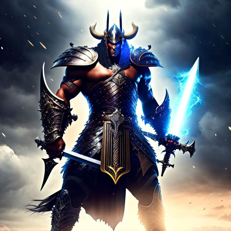 Fierce warrior in blue-black armor wields glowing sword and mace