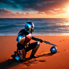 Futuristic armored suit person with glowing blue creature on sunset beach