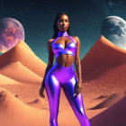 Futuristic purple outfit woman with pyramids and celestial bodies