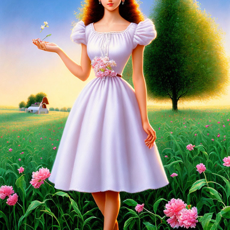 Stylized painting of woman in pink dress with flower in pink bloom field