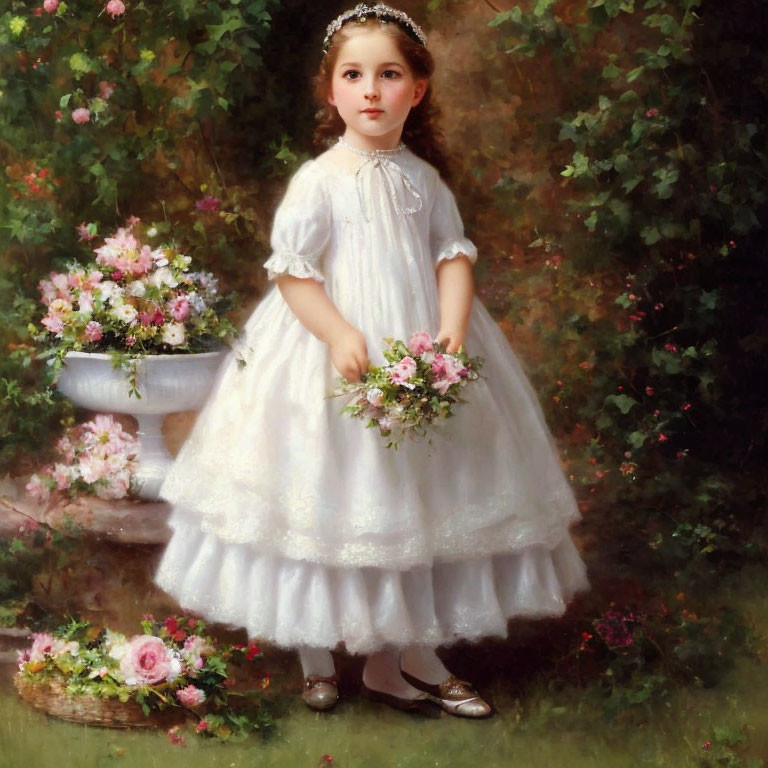 Young girl in white dress with flowers in lush garden