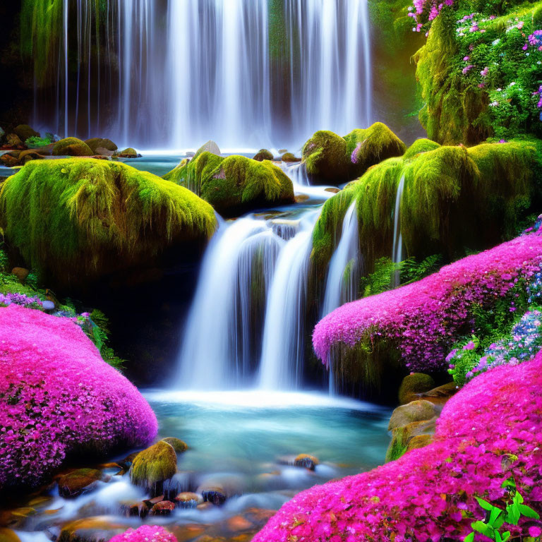 Vibrant waterfall over moss-covered rocks in serene landscape