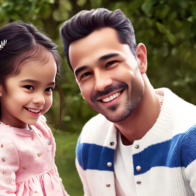 Bearded man and young girl smiling against green backdrop