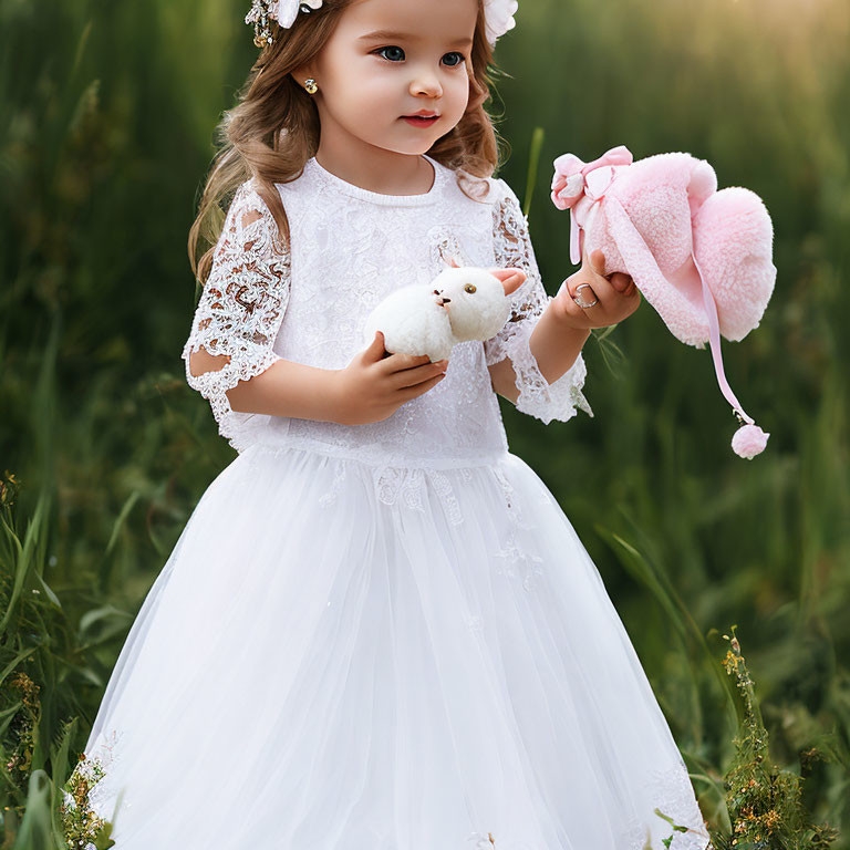 Young girl in white lace dress holding stuffed toy and pink hat in tall grass