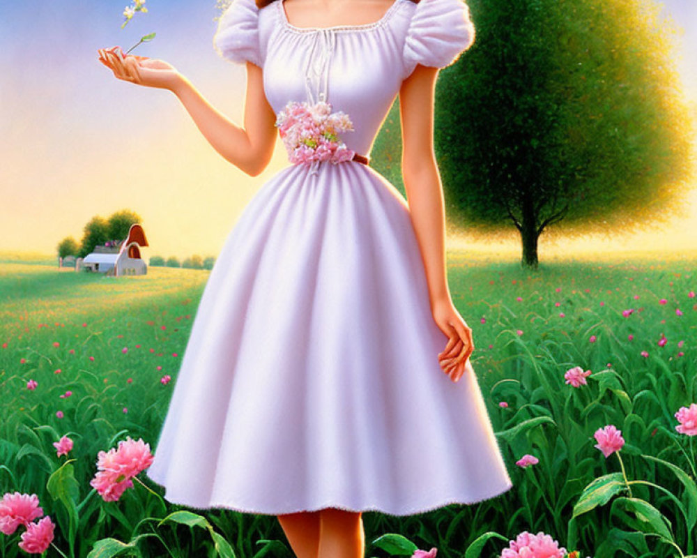 Stylized painting of woman in pink dress with flower in pink bloom field