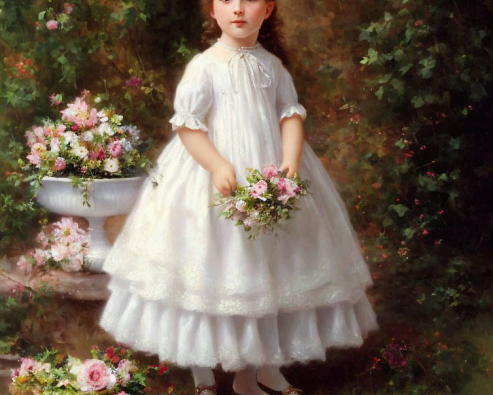 Young girl in white dress with flowers in lush garden