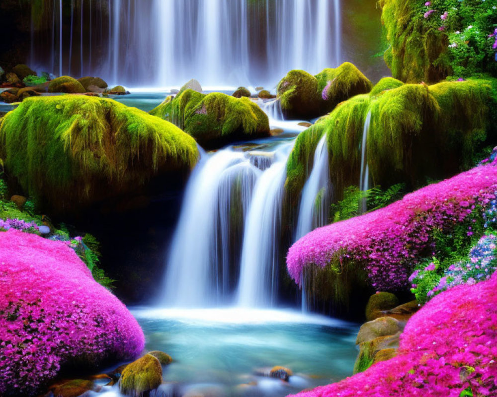 Vibrant waterfall over moss-covered rocks in serene landscape
