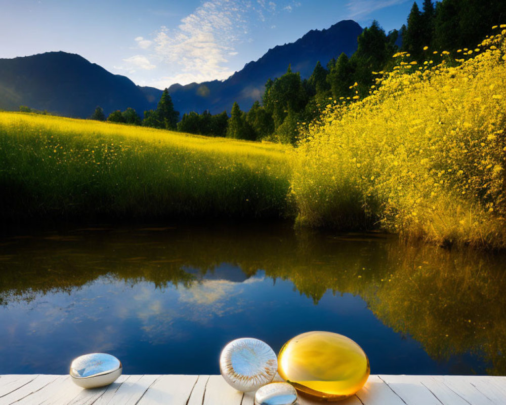 Tranquil landscape with river, dock, stones, seashells, field of yellow flowers,
