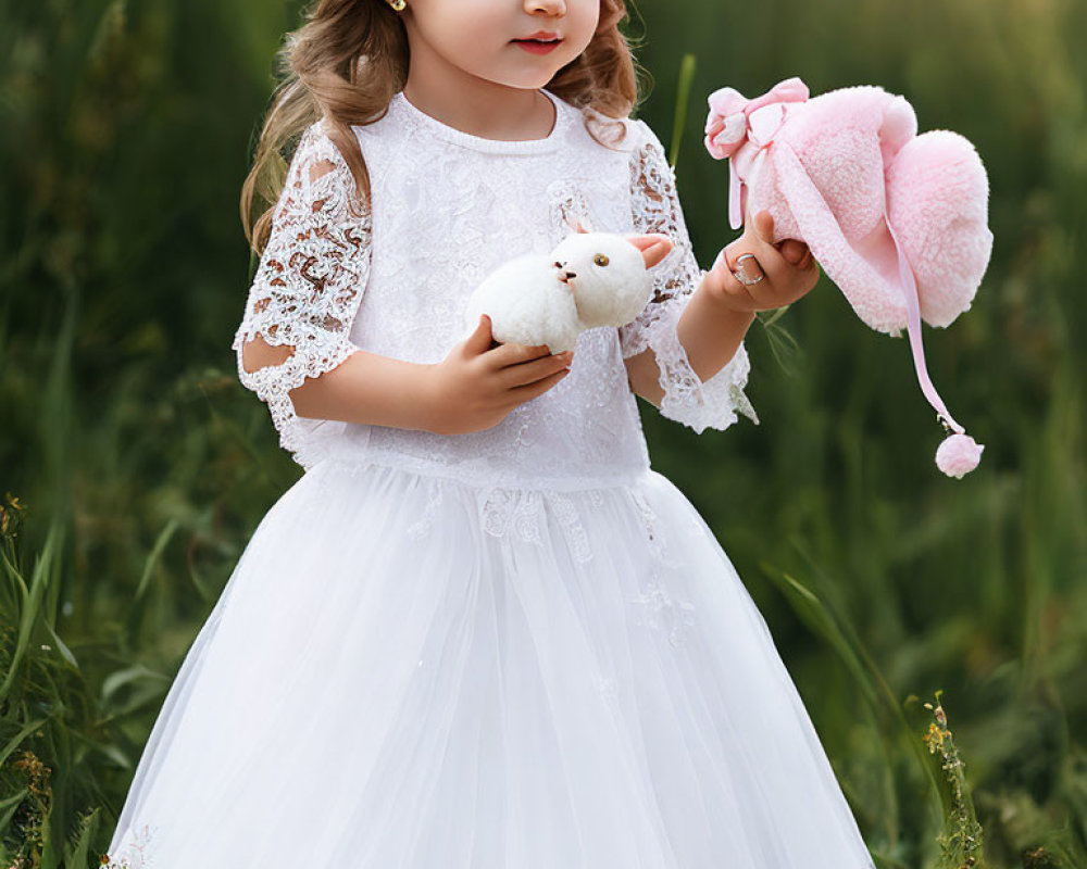 Young girl in white lace dress holding stuffed toy and pink hat in tall grass