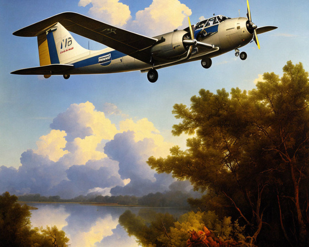Vintage twin-engine aircraft flying low over tranquil river with lush trees and clear blue sky