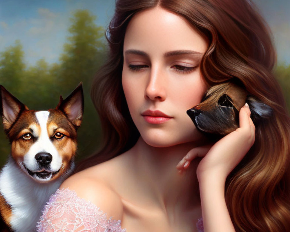 Tranquil woman with brown hair holding a bird, beside a tricolor dog