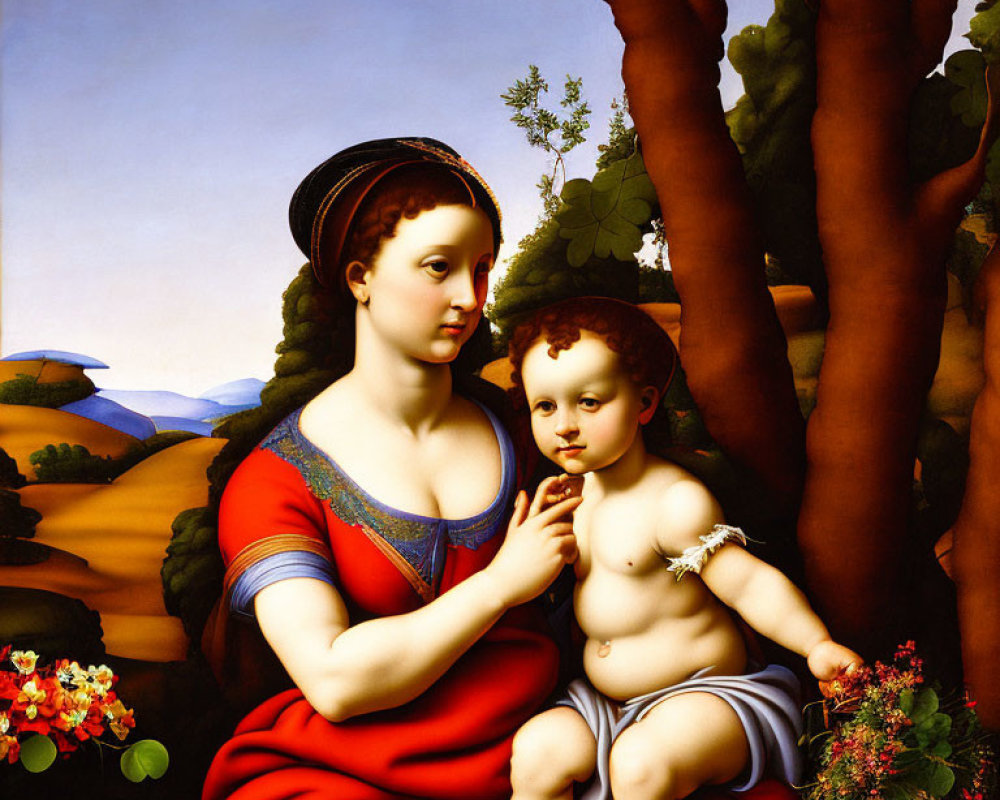 Classical painting of woman with child in red and blue robes in serene landscape
