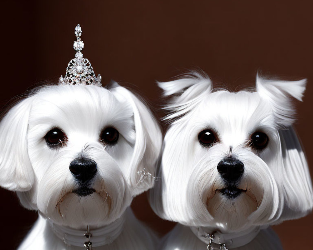 Two white dogs with black noses and eyes wearing tiaras and jewelry on a brown background