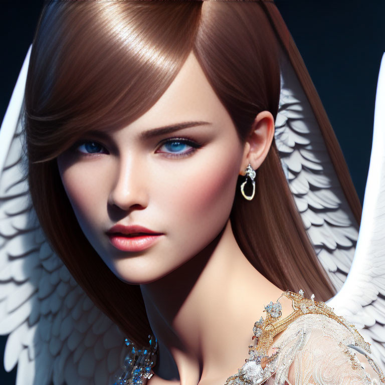 Digital portrait of woman: blue eyes, brown hair, white wings, elegant jewelry