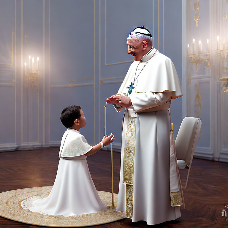 Child offering gift to smiling figure in papal attire