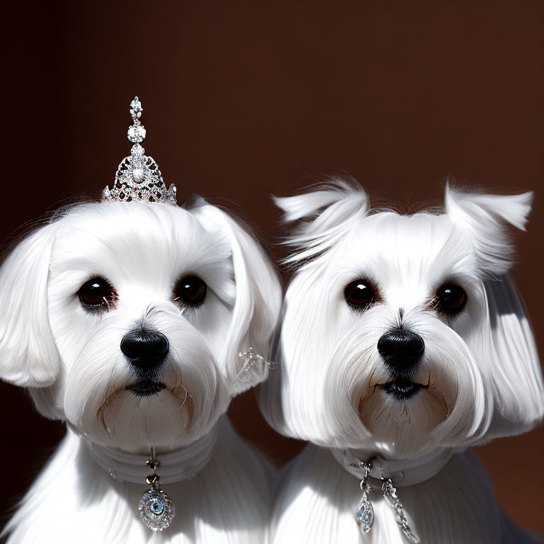 Two white dogs with black noses and eyes wearing tiaras and jewelry on a brown background
