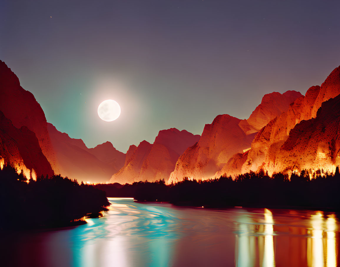Full Moon Illuminates Mountainous Night Scene