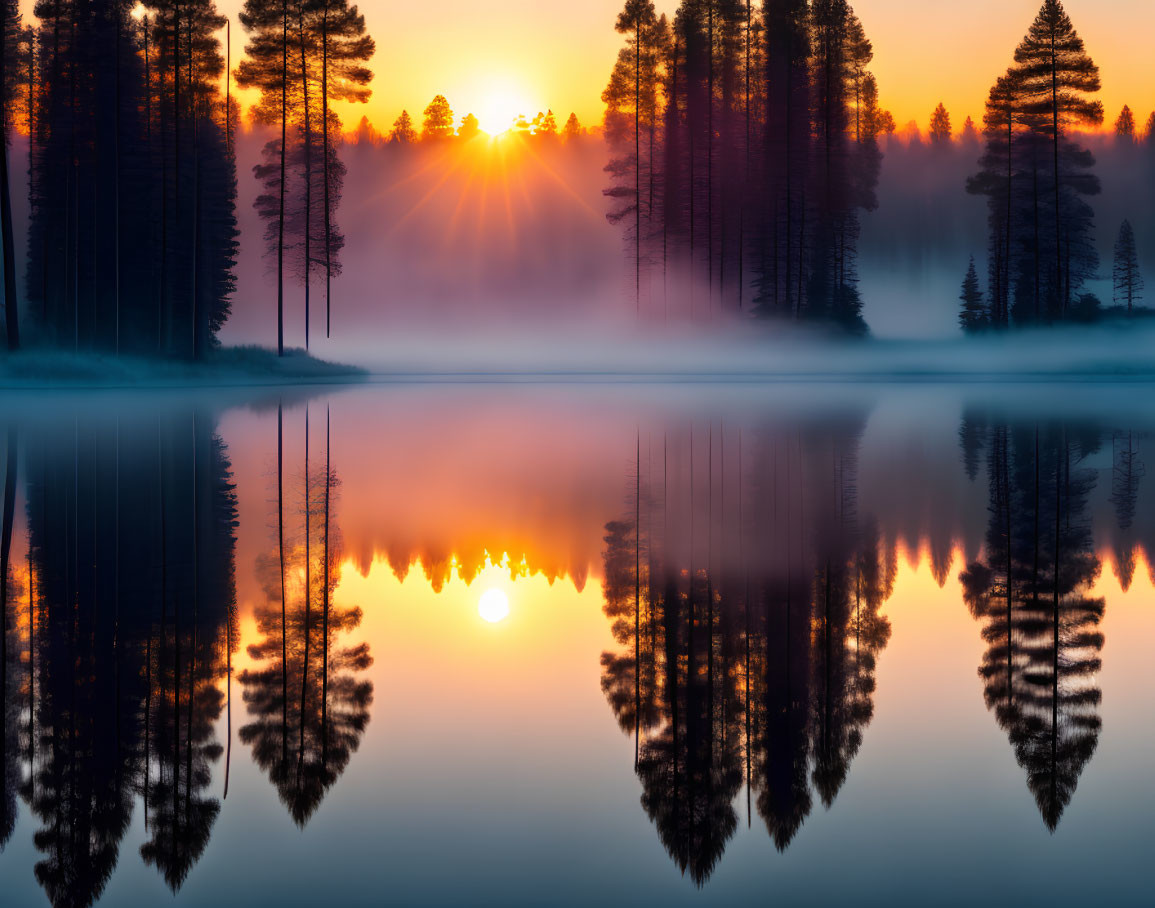 Tranquil sunrise over misty lake with silhouetted pine trees