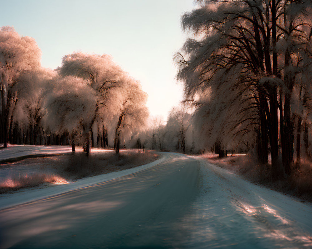 Tranquil Winter Forest Scene with Snow-Covered Road