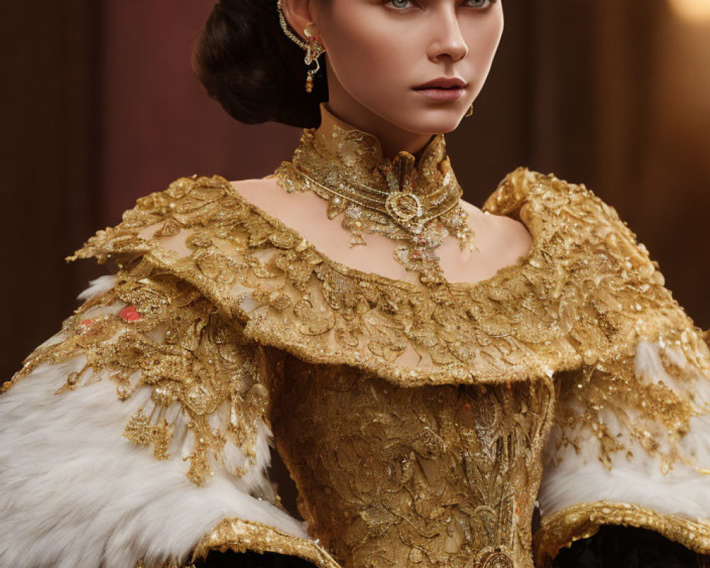 Regal woman in gold royal attire with crown and fur shoulders