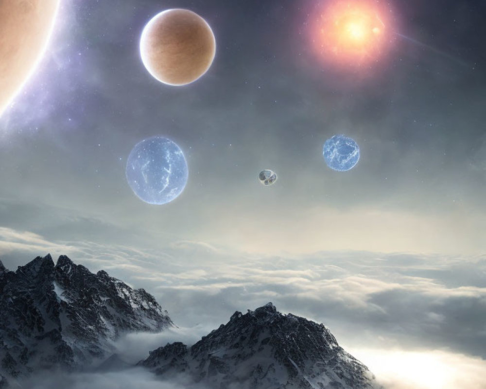 Snowy Mountain Peaks Under Cosmic Planets in Star-Filled Sky
