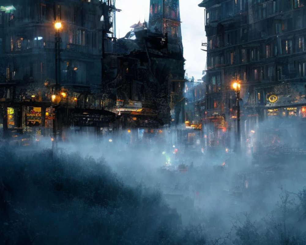 Blue-toned cityscape at dusk with clock tower and fog-covered streets