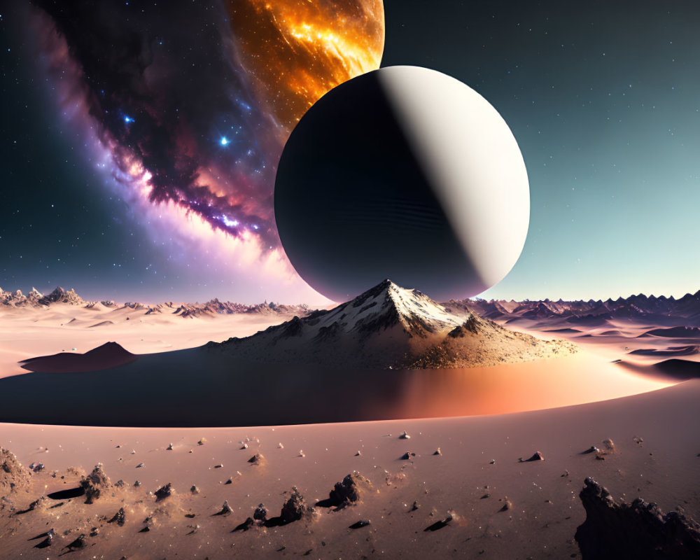 Surreal landscape with snow-capped mountain, desert, and planet with rings