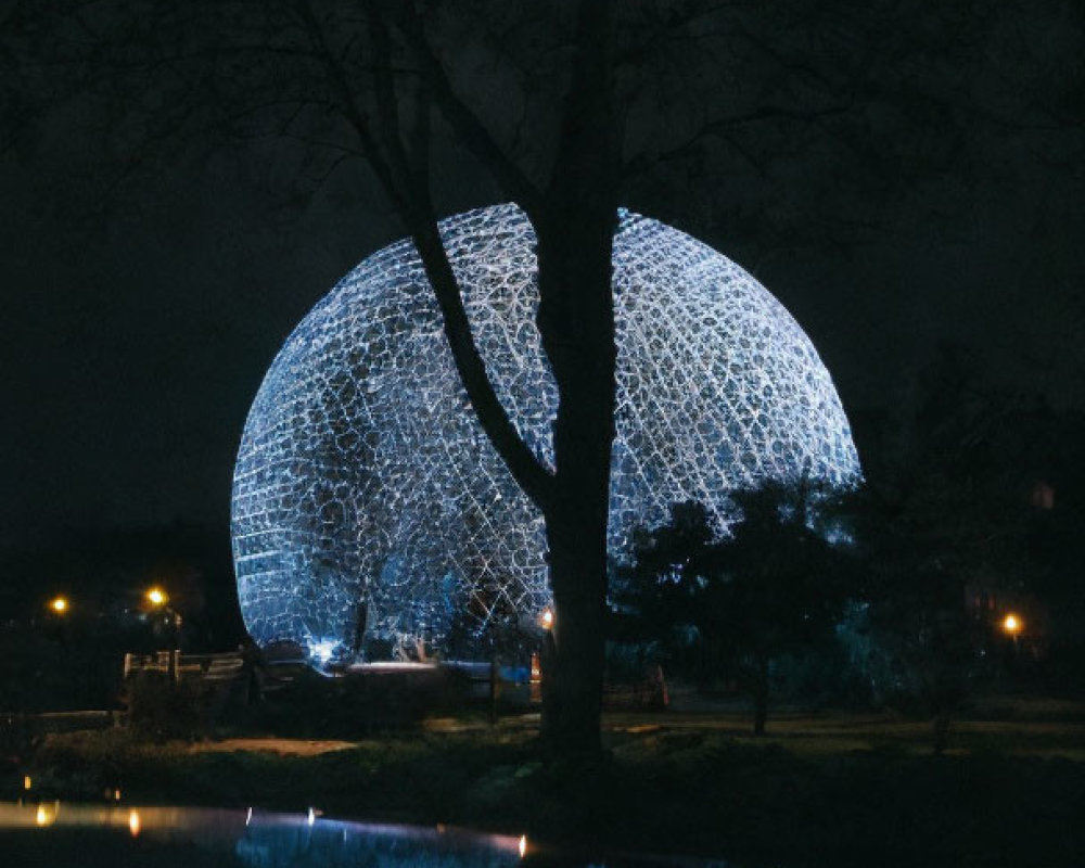 Illuminated spherical structure with lacy pattern against night sky and reflected in water.