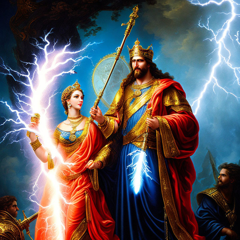 Regal couple in golden armors with lightning, man holding scepter, woman with bow