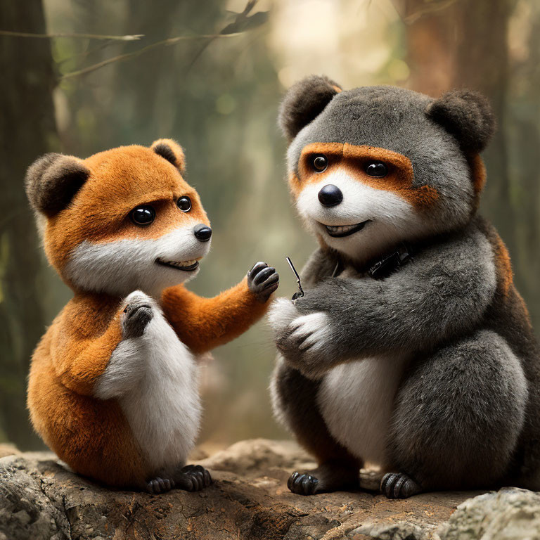 Animated red pandas conversing in forest setting