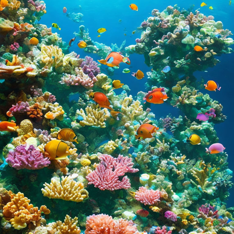 Colorful fish and diverse coral formations in vibrant underwater coral reef