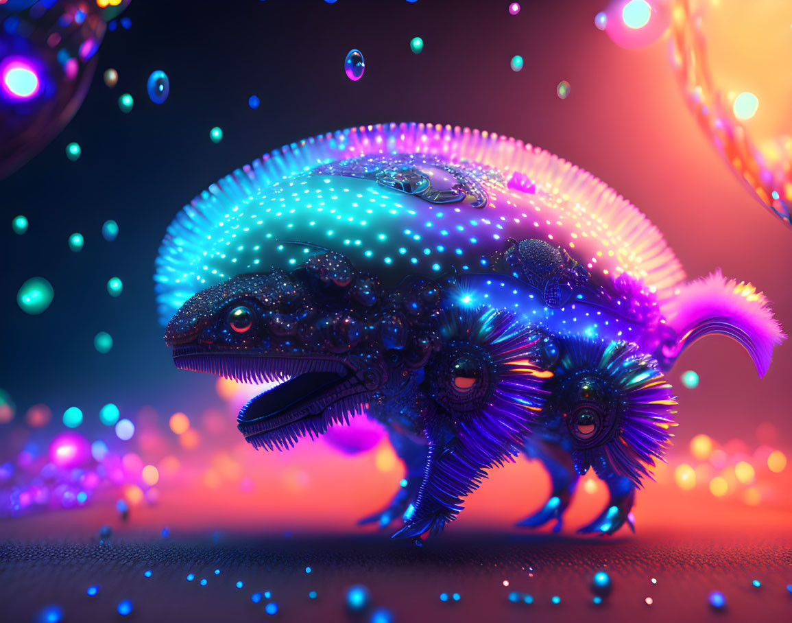 Luminescent chameleon-like creature in colorful dreamy landscape