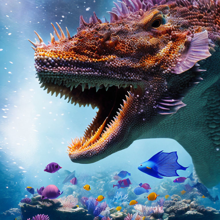 Colossal dragon-like sea creature in vibrant coral reef scene