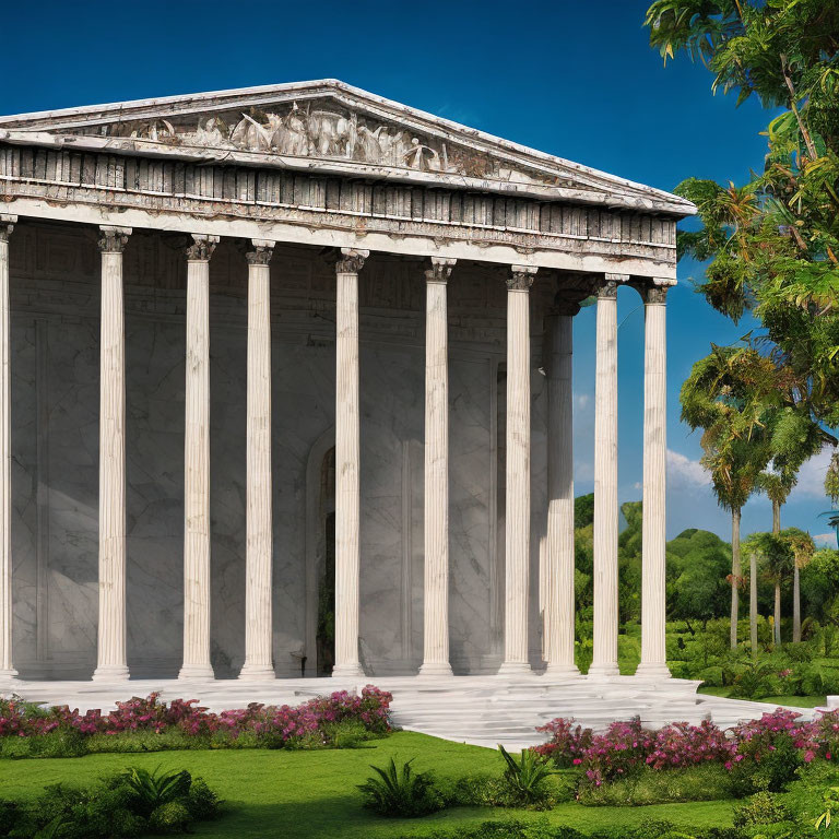 Classical Greek temple with towering columns in lush greenery