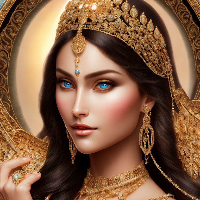 Regal woman with blue eyes and gold jewelry in ornate headdress