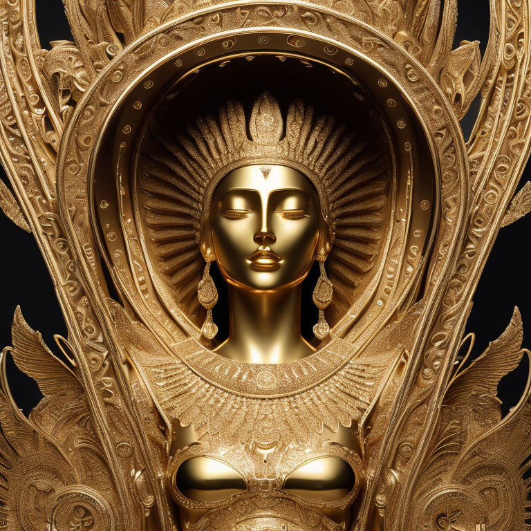 Golden ornate face with closed eyes in intricate designs on black background